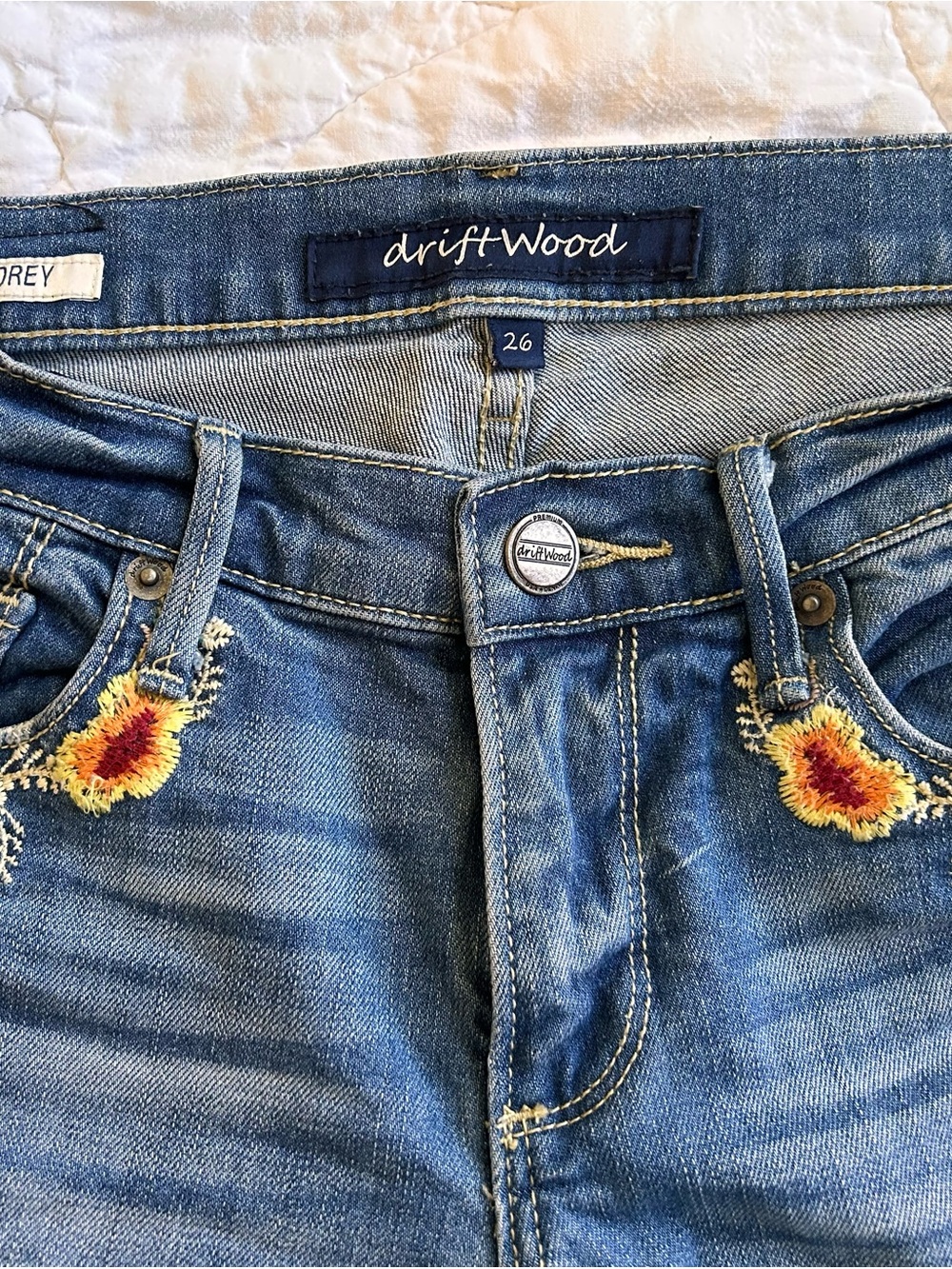 DRIFTWOOD Blue High-Rise Jeans with Yellow & Red Floral Embroidery